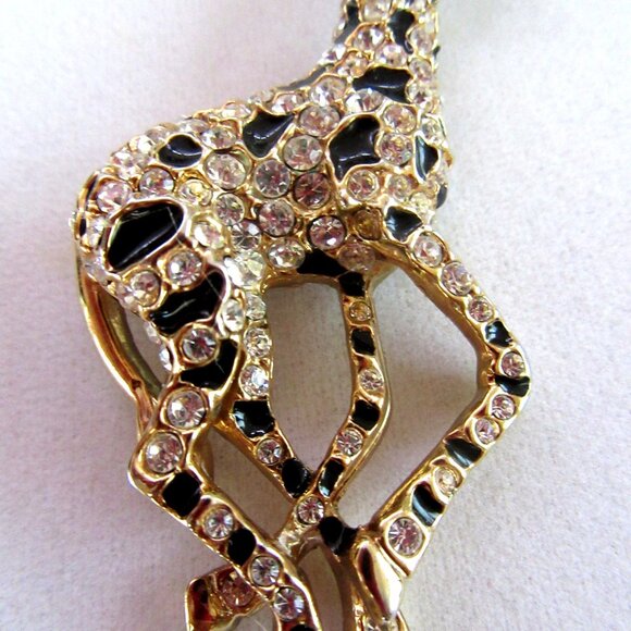 Vintage clear rhinestone & black enamel giraffe brooch - gold tone setting - Picture 5 of 7
